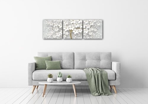 Obraz Biely strom s kvetinami - 90 x 30 cm (3 dielny)