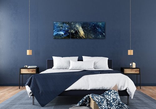 Obraz Abstrakt modrý so zlatým detailom - 90 x 30 cm (3 dielny)
