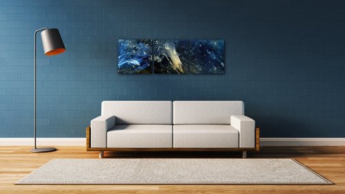 Obraz Abstrakt modrý so zlatým detailom - 90 x 30 cm (3 dielny)