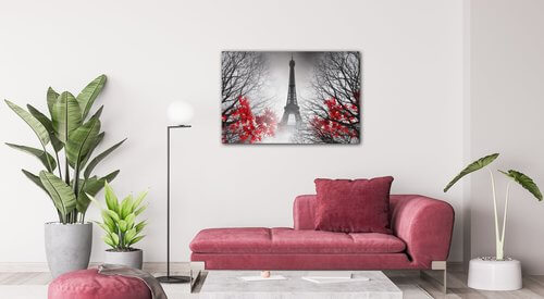 Obraz Eiffelova veža čiernobiela s červeným detailom - 60 x 40 cm