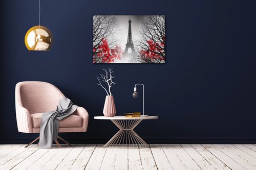 Obraz Eiffelova veža čiernobiela s červeným detailom - 60 x 40 cm