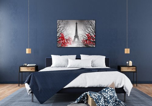 Obraz Eiffelova veža čiernobiela s červeným detailom - 70 x 50 cm