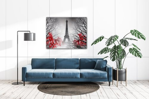 Obraz Eiffelova veža čiernobiela s červeným detailom - 90 x 70 cm