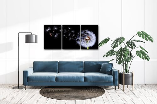 Obraz Púpava na čiernom pozadí - 150 x 70 cm (3 dielny)