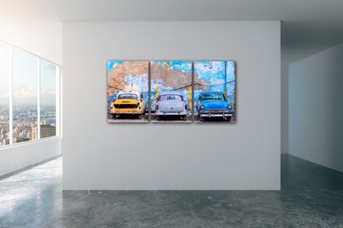 Obraz Stará modrá auta - 120 x 60 cm (3 dielný)