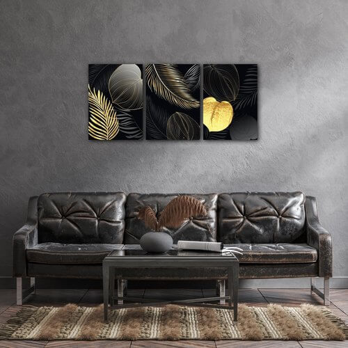 Obraz Abstraktné kvety čierno zlaté - 150 x 70 cm (3 dielny)