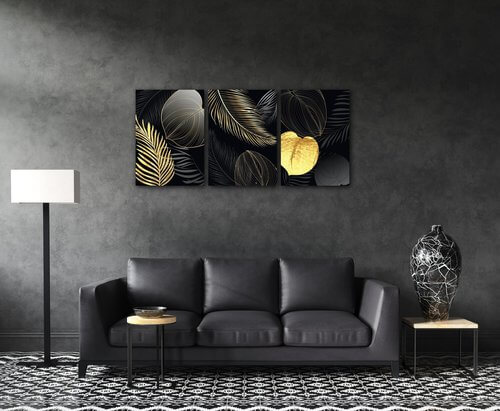 Obraz Abstraktné kvety čierno zlaté - 150 x 70 cm (3 dielny)
