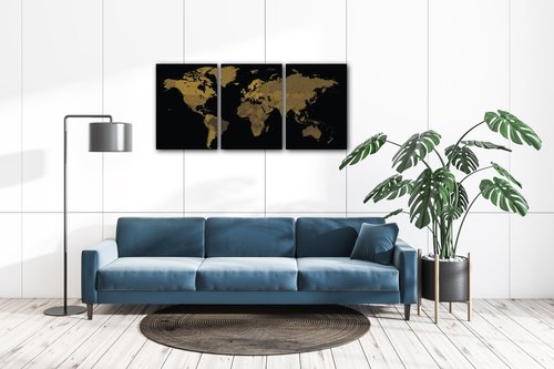 Obraz Mapa sveta čierno zlatá - 150 x 70 cm (3 dielny)