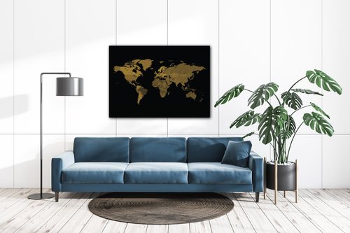 Obraz Mapa sveta čierno zlatá - 70 x 50 cm