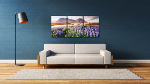 Obraz Horská krajina s kvety - 150 x 70 cm (3 dielny)