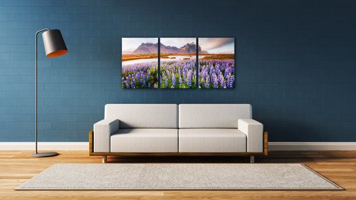 Obraz Horská krajina s kvety - 150 x 70 cm (3 dielny)