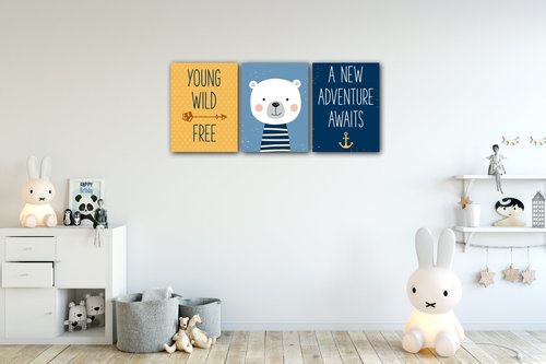 Obraz Sada detských obrázkov žlto modrá - 90 x 40 cm (3 dielný)