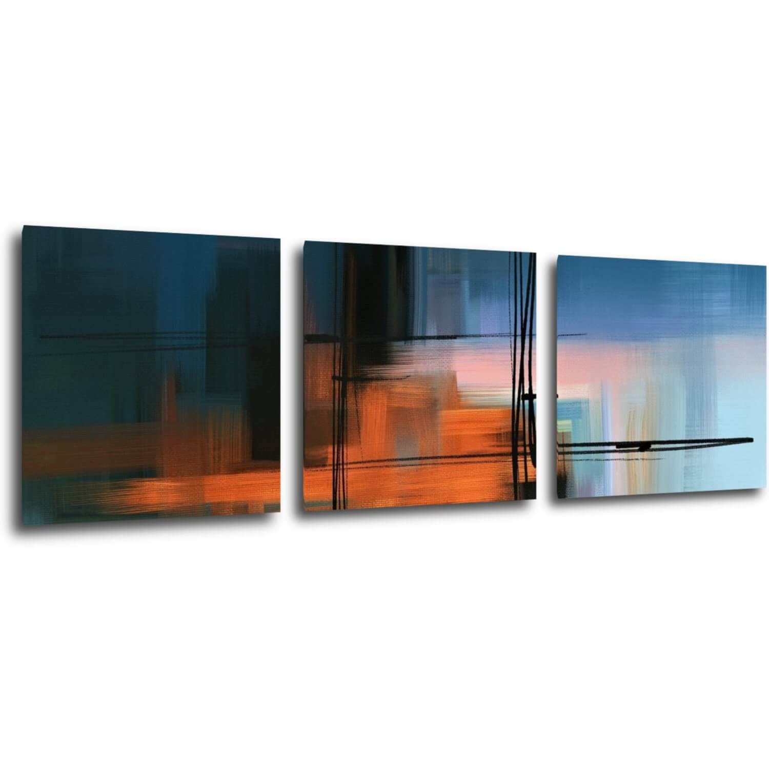 Obraz Abstrakt modrý s oranžovým detailom - 90 x 30 cm (3 dielny)
