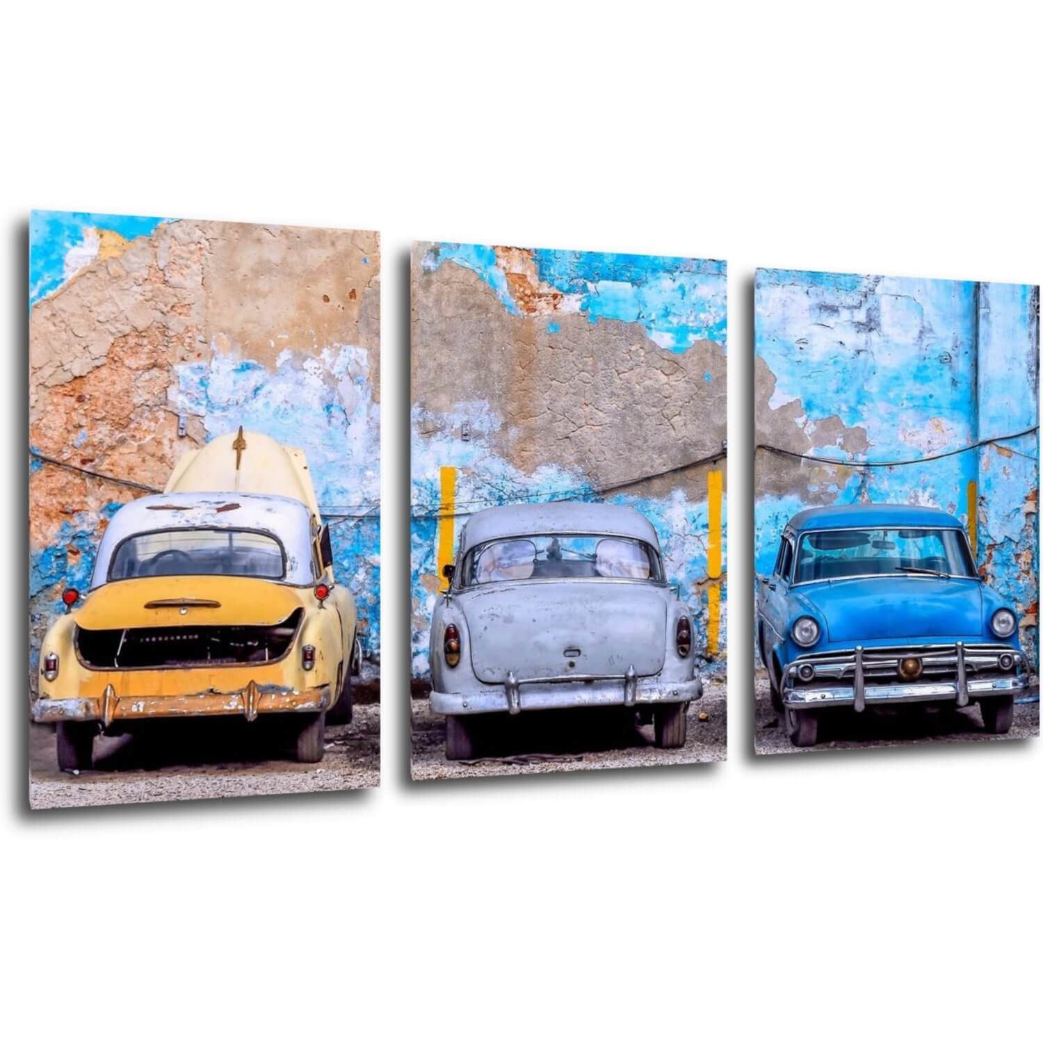 Obraz Stará modrá auta - 120 x 60 cm (3 dielný)