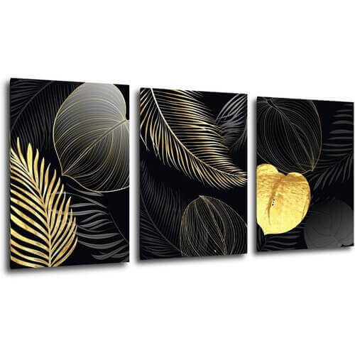 Obraz Abstraktné kvety čierno zlaté - 150 x 70 cm (3 dielny)