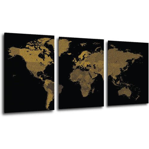 Obraz Mapa sveta čierno zlatá - 150 x 70 cm (3 dielny)