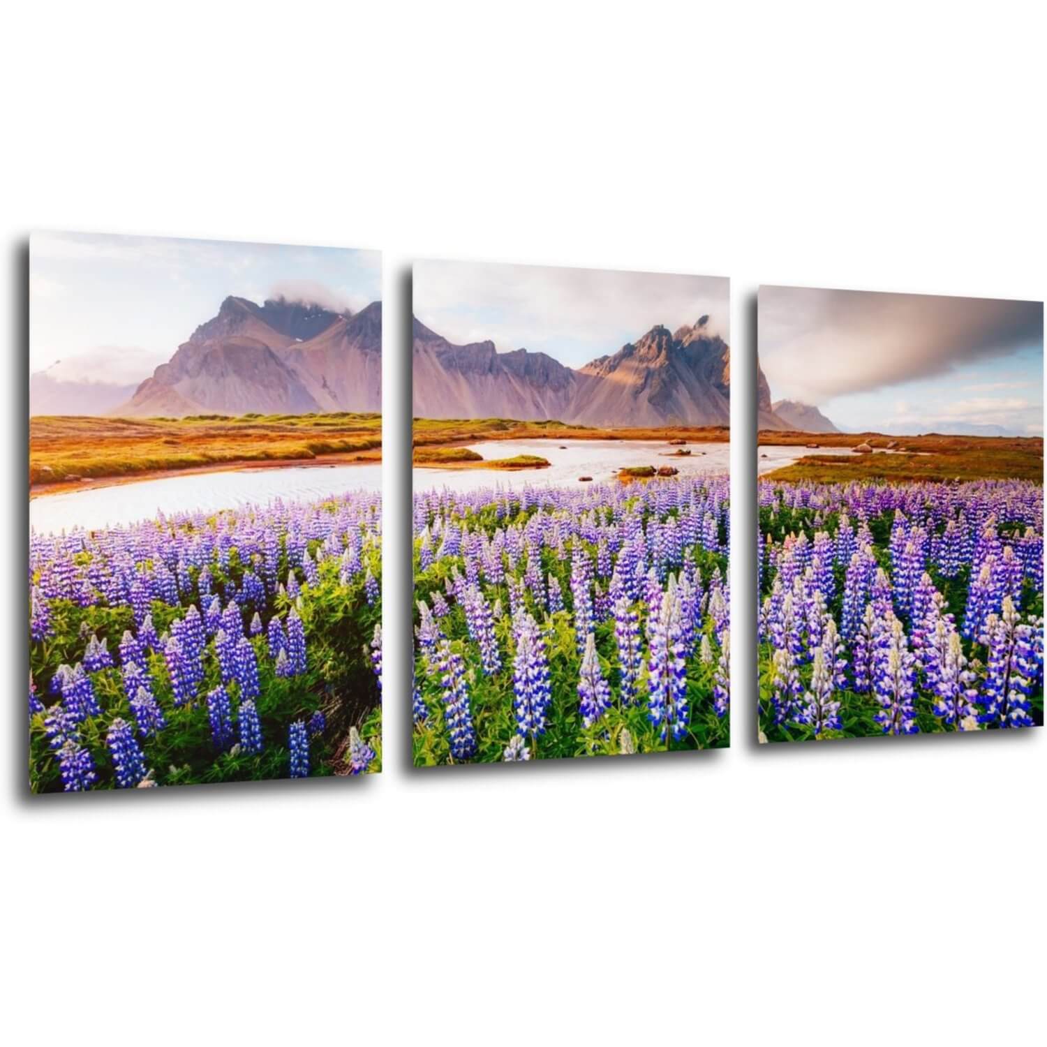 Obraz Horská krajina s kvety - 150 x 70 cm (3 dielny)