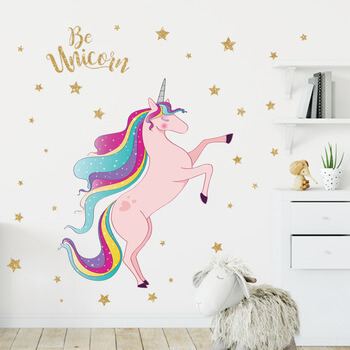 Samolepka do detskej izby Ružový jednorožec Unicorn s hvezdami - 90x30cm
